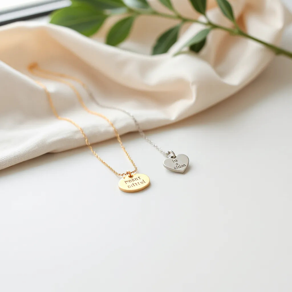 Delicate affirmation necklaces with small pendants on a light neutral background in soft window light