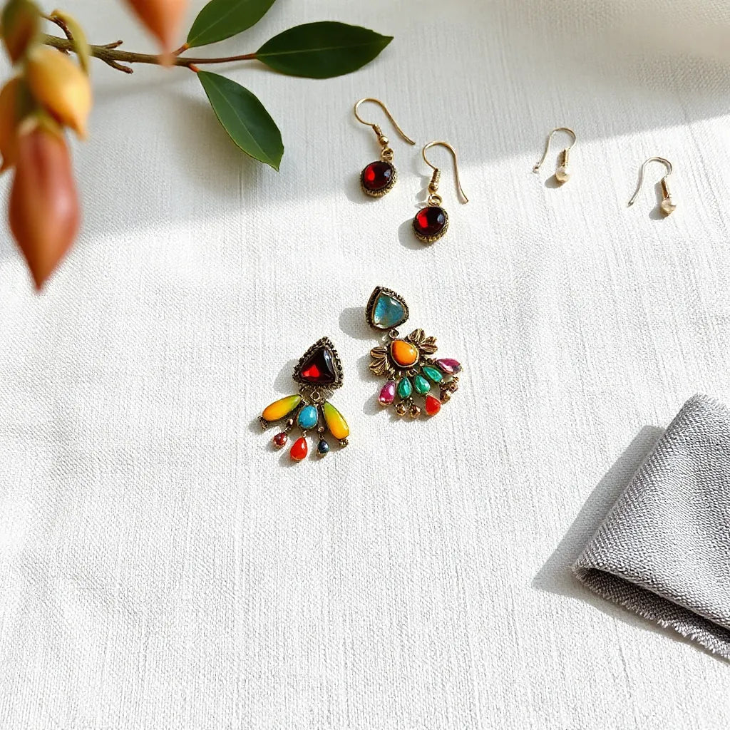 Vibrant multicolor earrings on neutral fabric with soft natural lighting