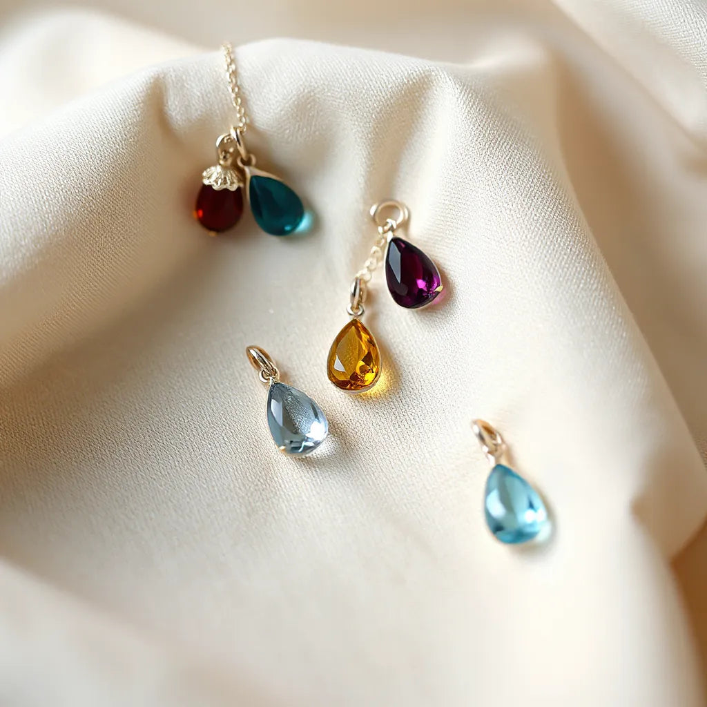 Assorted birthstone-colored charm pieces and a delicate charm bracelet on a neutral fabric background