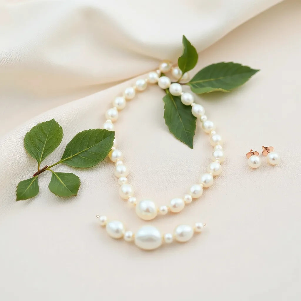 Lustrous freshwater pearl necklace, bracelet, and stud earrings arranged on neutral linen