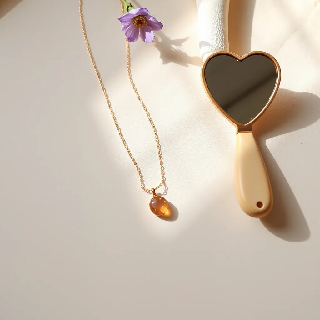 Blush-pink necklace with a rose-toned pendant styled on soft cream fabric with a mirror and balm nearby