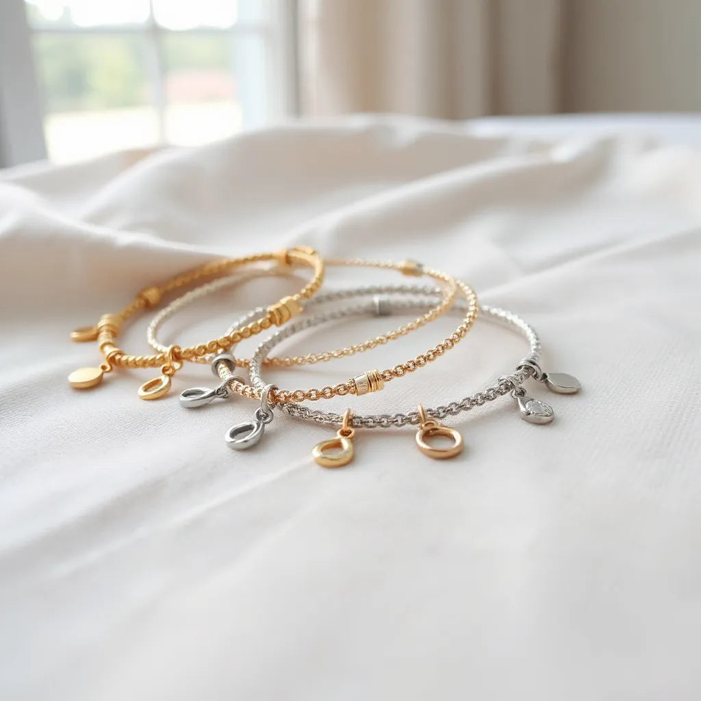 Charm bracelets with gold and silver tones and small dangling charms on a neutral fabric background