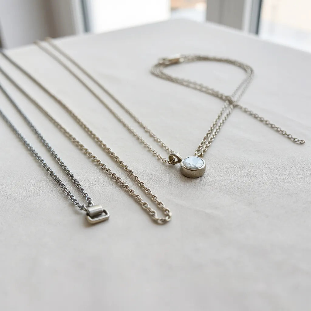 Adjustable length necklace chains with extenders and pendants on a neutral fabric background