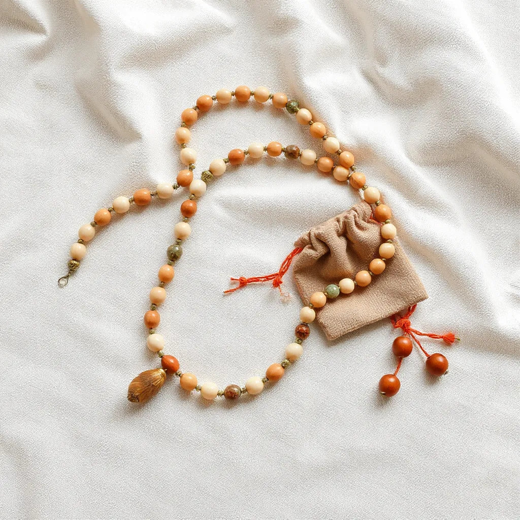Handcrafted beaded necklace with detailed beadwork on soft linen, with a small pouch and cleaning cloth nearby