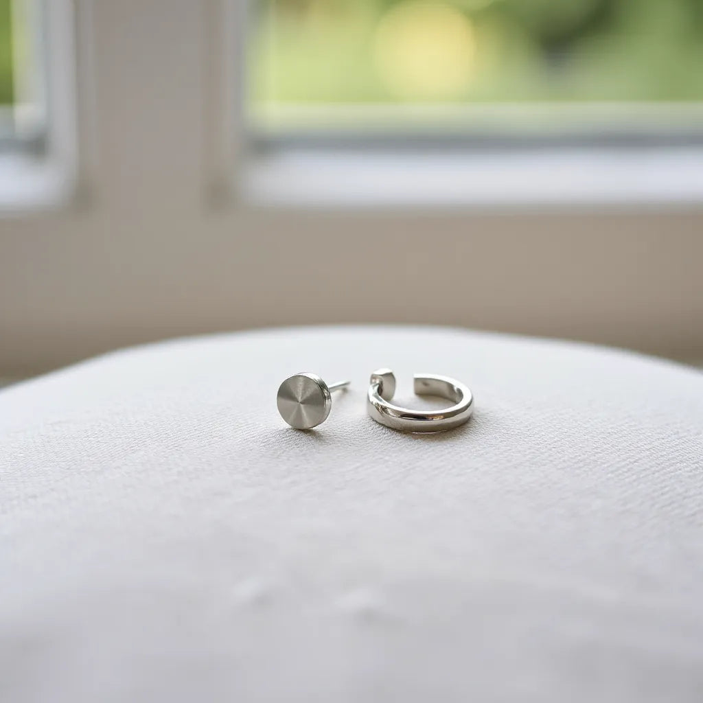 Polished hypoallergenic stainless steel stud and hoop earrings on light neutral fabric