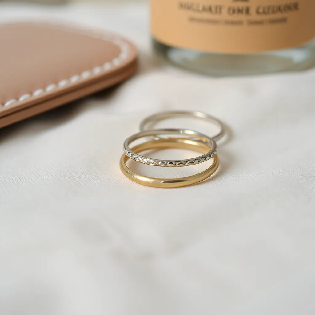 Stackable rings layered in mixed metals on neutral fabric under soft natural light