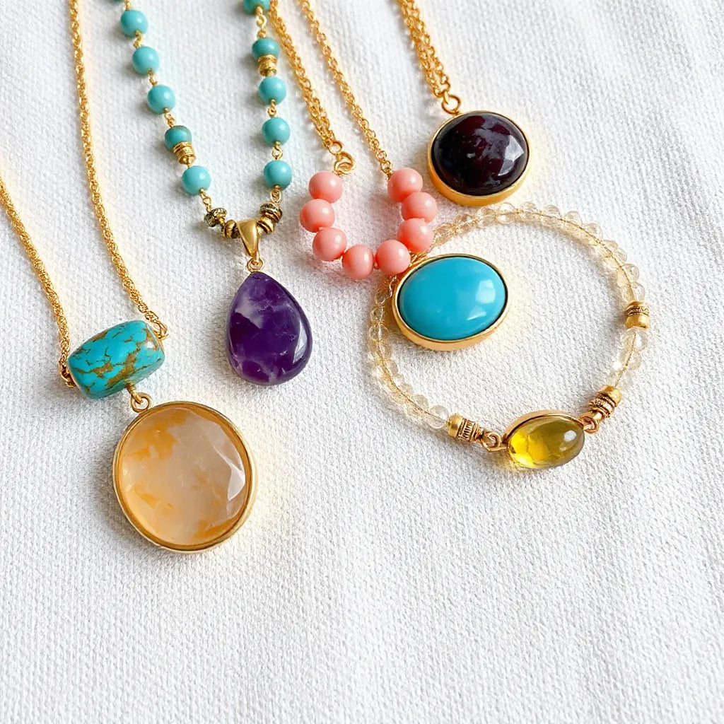 Colorful gemstone necklace and bracelet set with vibrant natural stones on light fabric