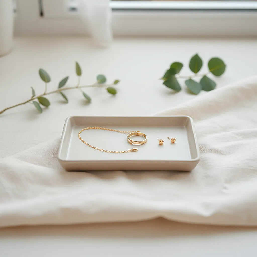 Minimalist gold necklace, stud earrings, and a delicate ring arranged on a light jewelry tray