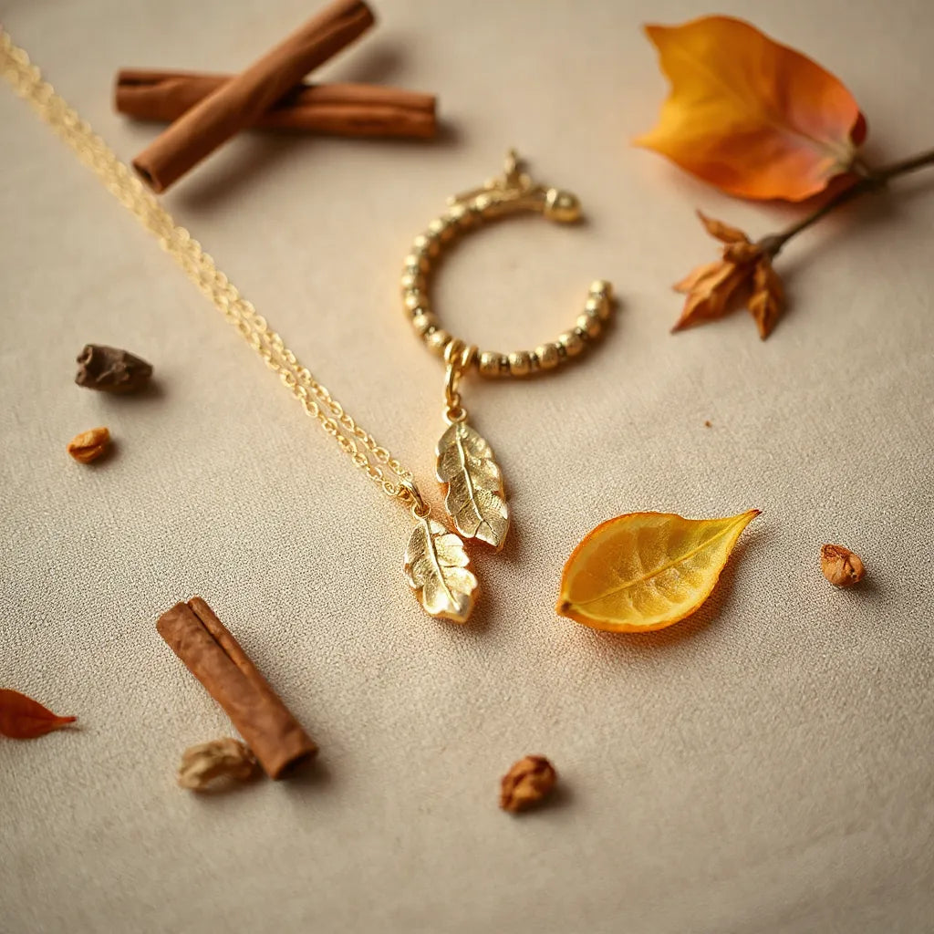 Leaf and warm-toned autumn jewelry set with necklace, bracelet, and earrings on beige fabric