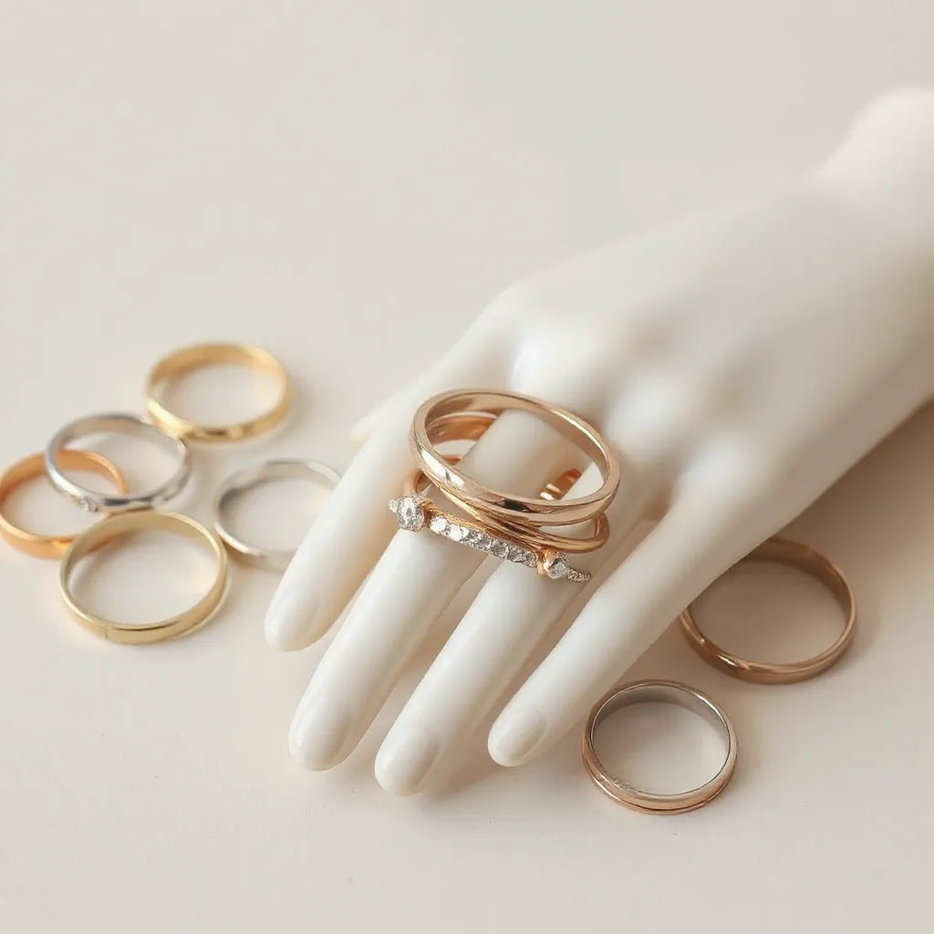 Layered stackable rings on a hand with mixed metal tones on a neutral background
