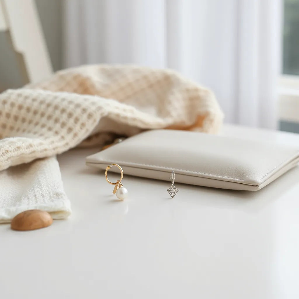Mismatched gold and silver earrings with a pearl drop and a geometric charm on a neutral surface