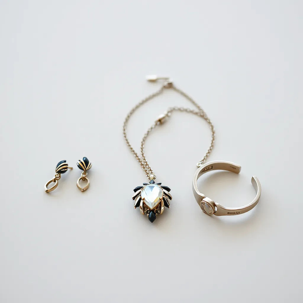 Sculptural statement necklace with matching earrings and bracelet on a minimalist neutral tabletop