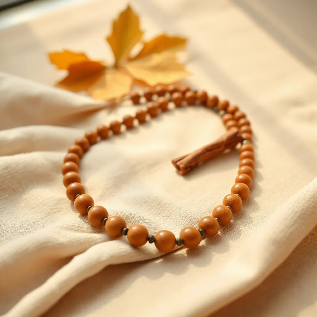 Cinnamon-brown beaded necklace on warm knit fabric with soft window light and a cinnamon stick in the background