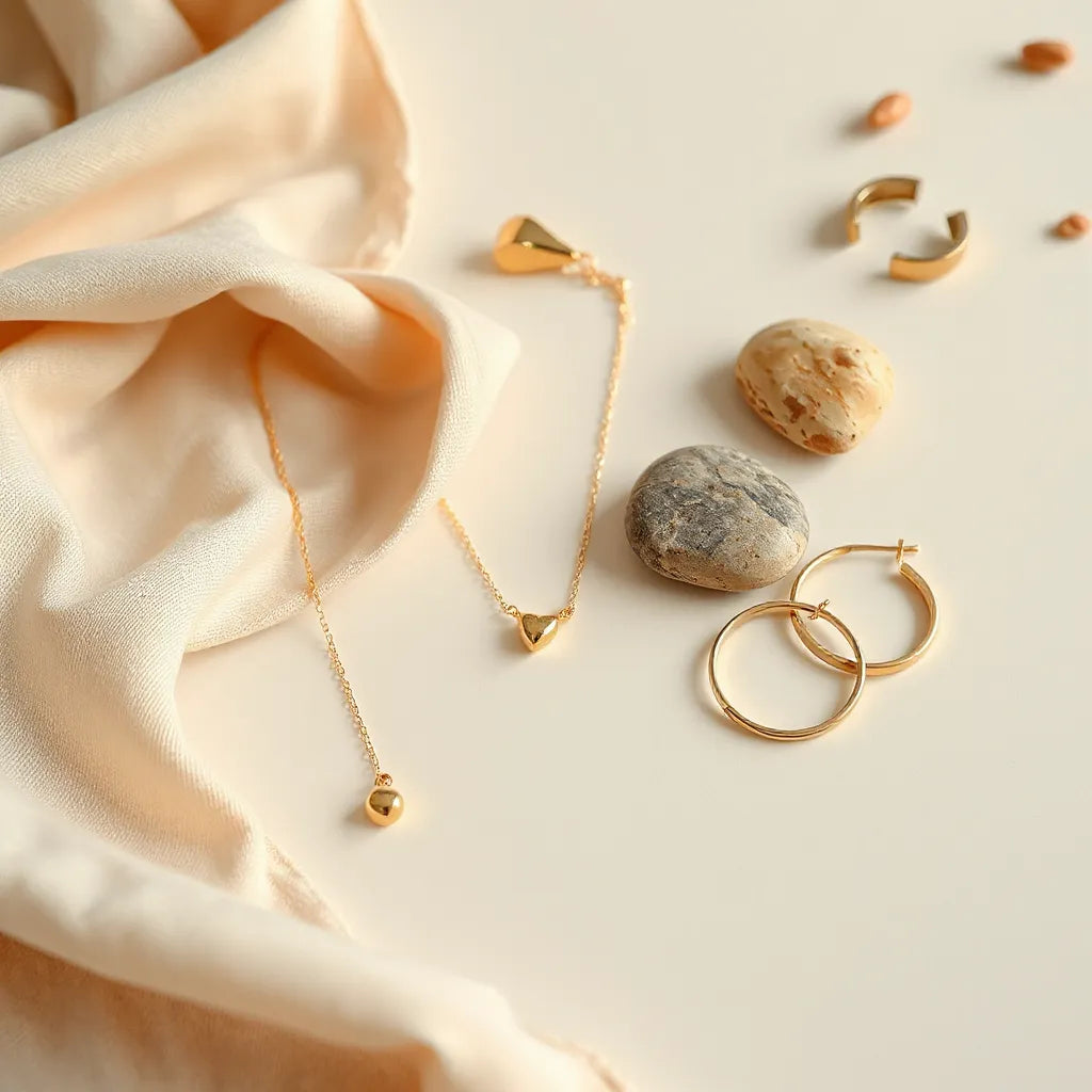 Gold-tone necklace, bracelet, and earrings arranged neatly on a neutral background with soft warm light