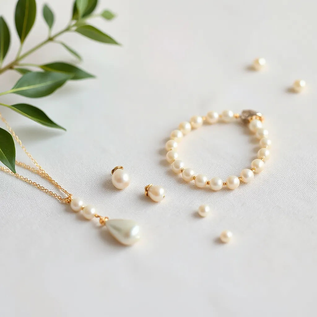 Freshwater pearl necklace and bracelet arranged on neutral linen with a few loose pearls