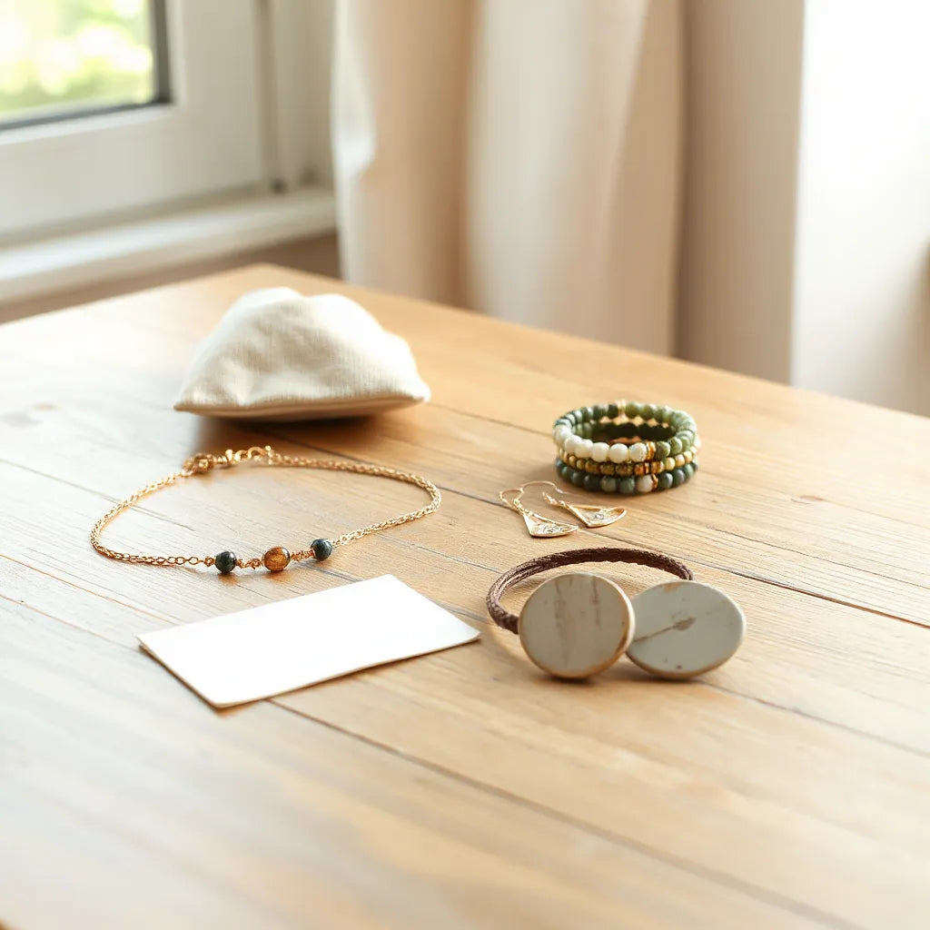 Handcrafted necklace, earrings, and bracelets on a wooden table with soft natural light