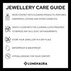 Jewellery care guide instructions with icons for cleaning, storage, waterproof, and hypoallergenic by Lumenaura