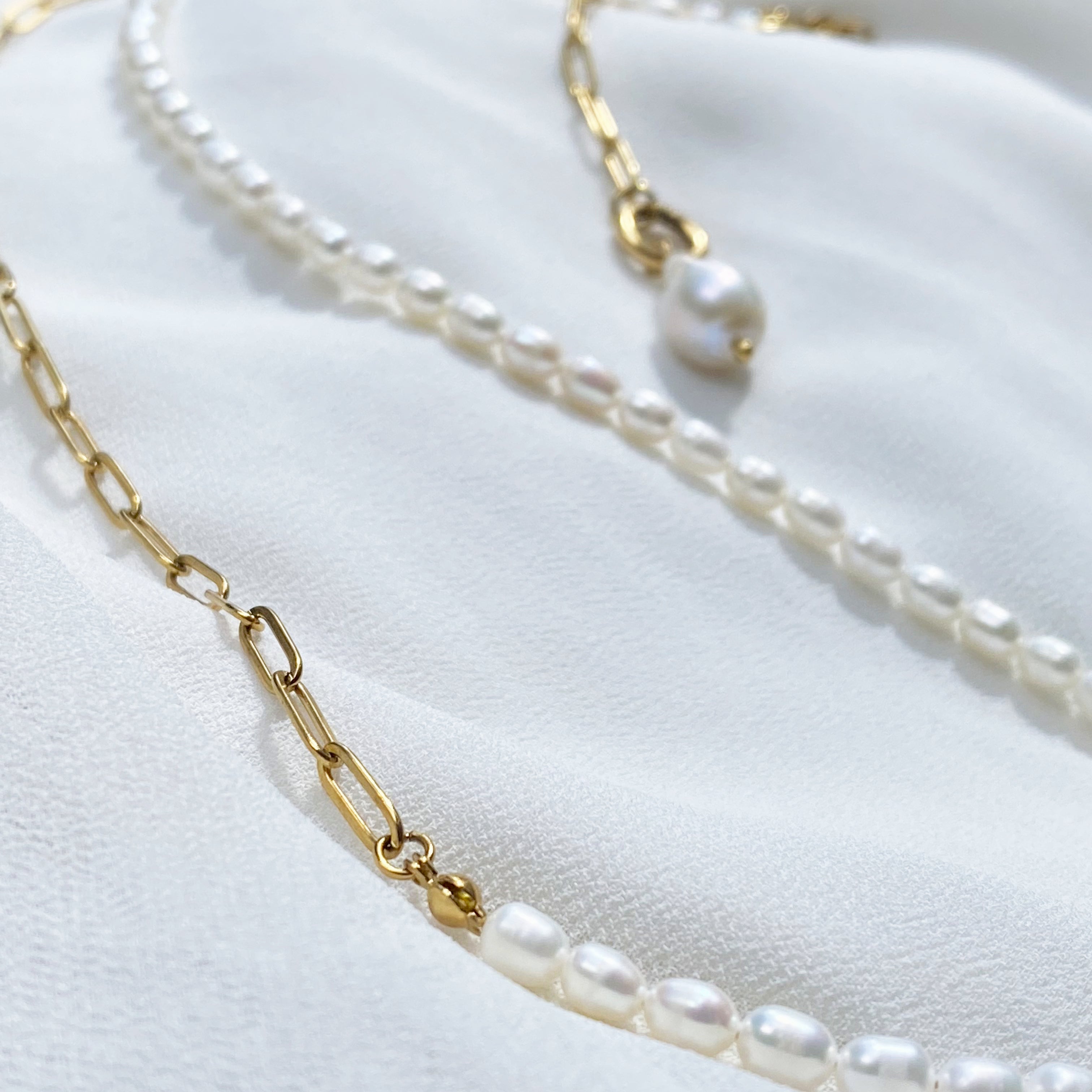 Mukta - Freshwater Pearl & Paperclip Necklace - 18k Gold Plated PVD