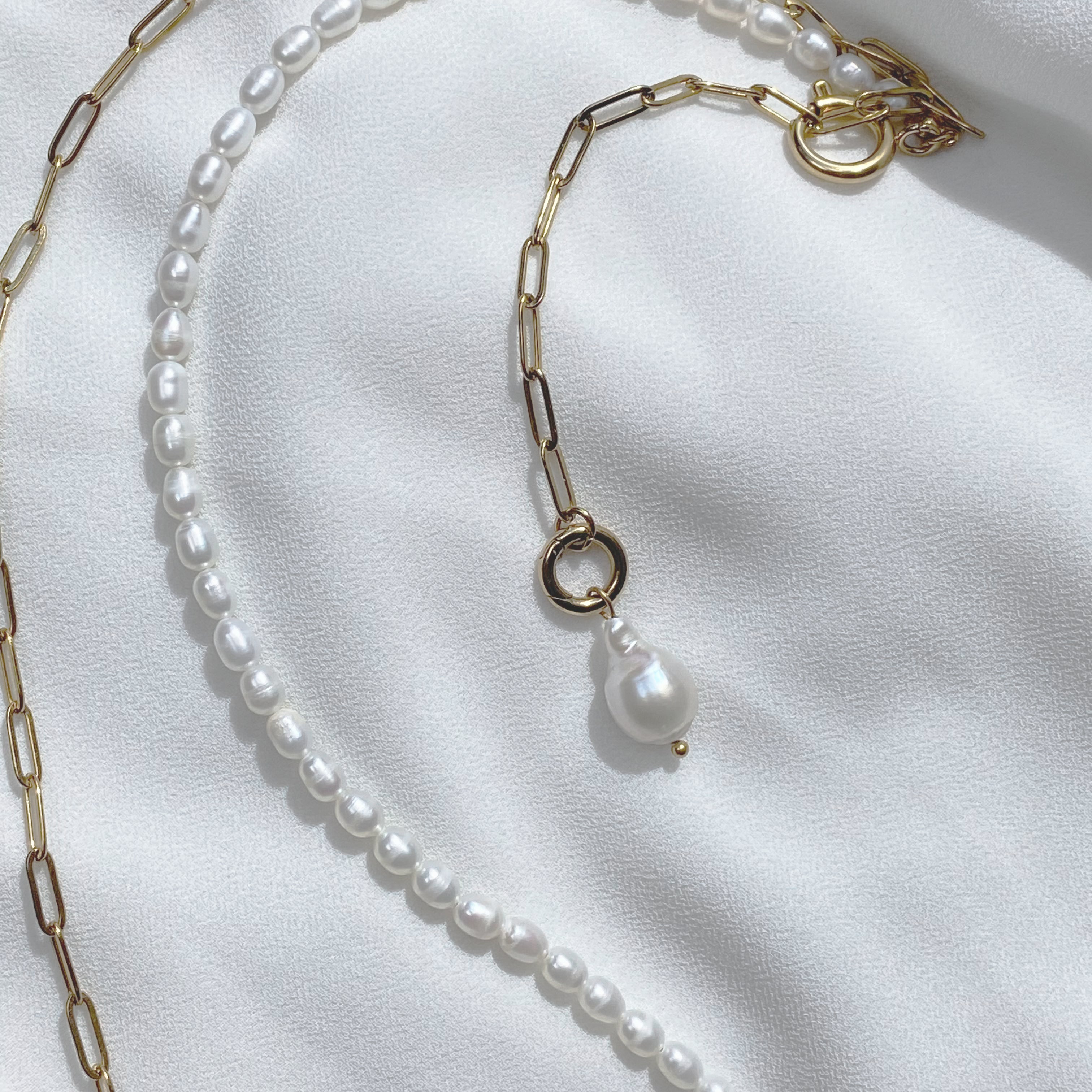 Mukta - Freshwater Pearl & Paperclip Necklace - 18k Gold Plated PVD