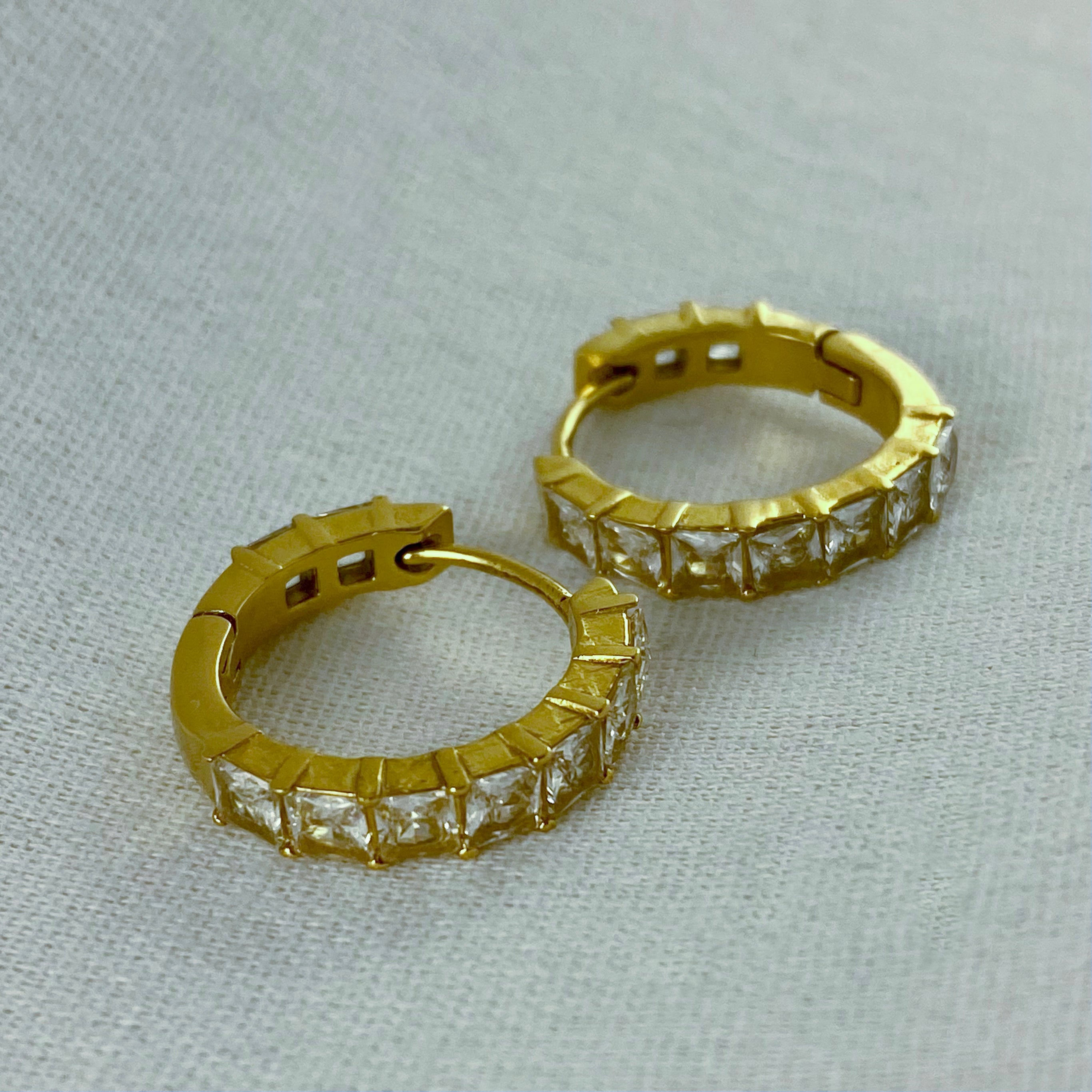 Shobha - CZ Square Cut Hoop Earrings - 18k Gold PVD - LUMENAURA  LUMENAURA