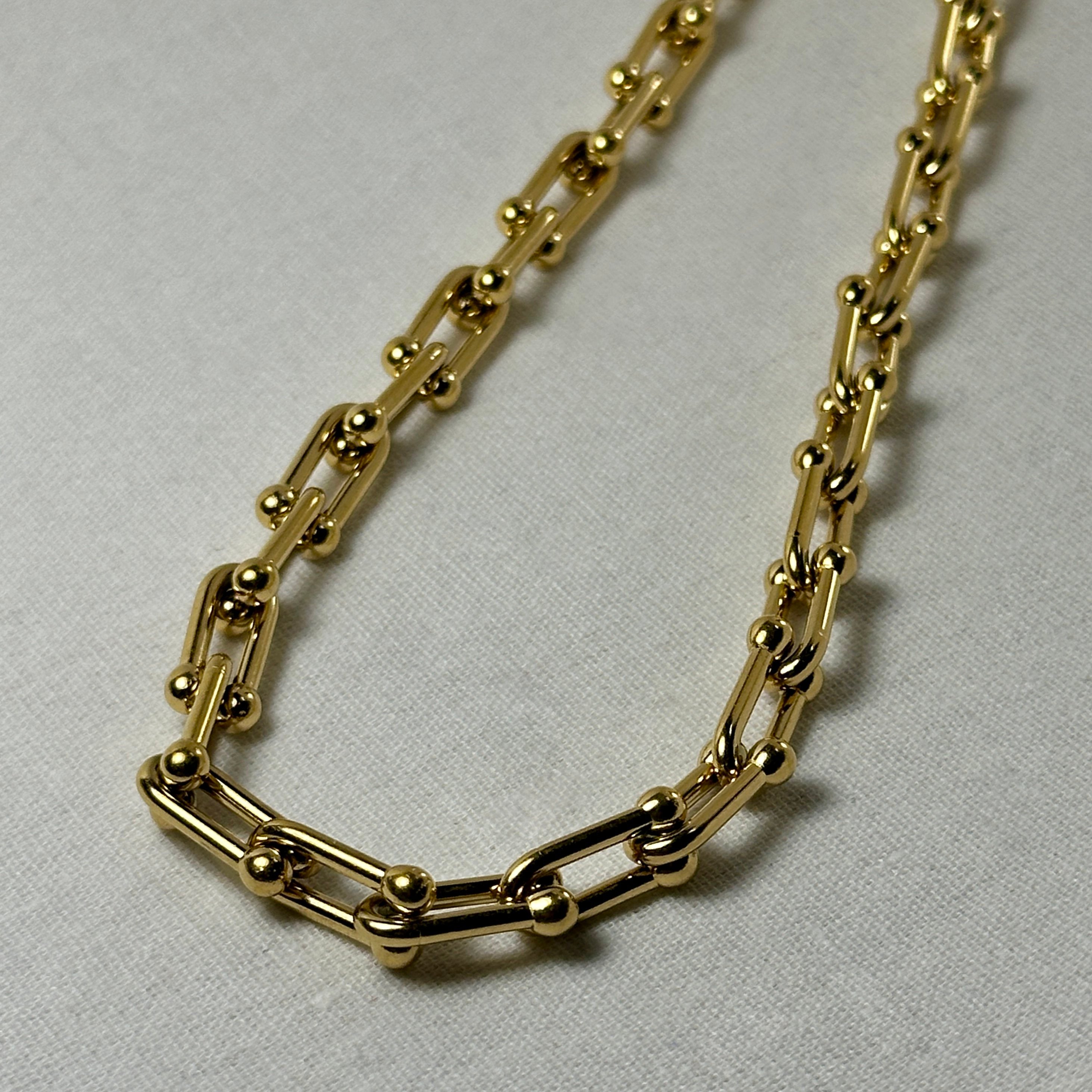 Close-up of a gold link necklace.