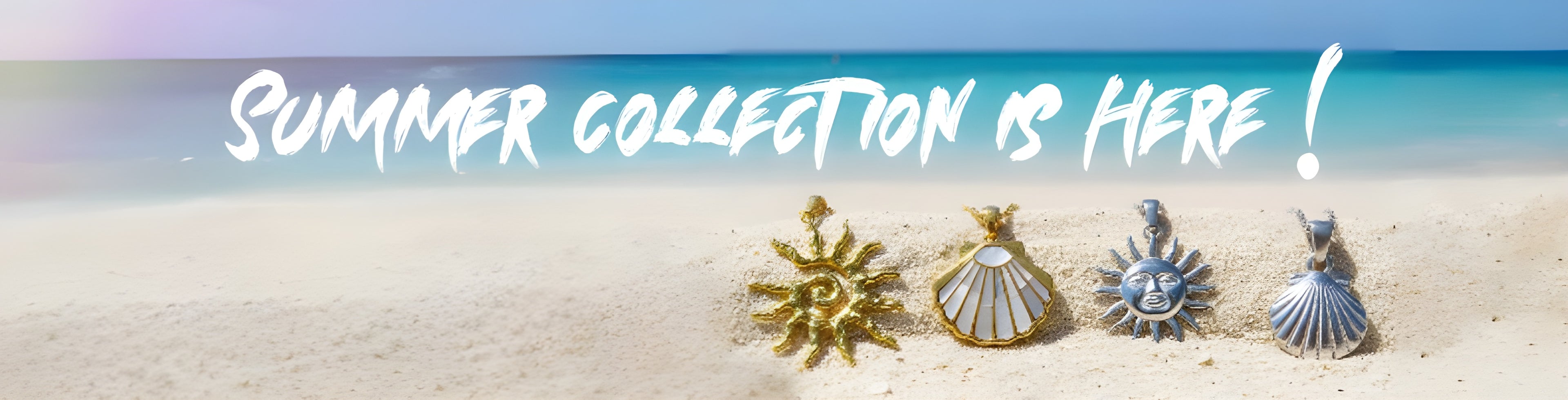 Promotional banner for a summer collection with seashells on a beach background.
