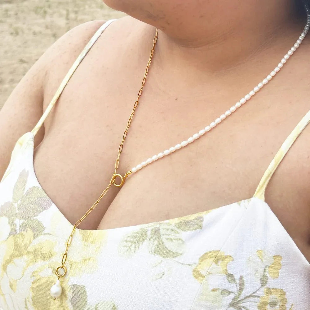 Mukta - Freshwater Pearl & Paperclip Necklace - 18k Gold Plated PVD -  - LUMENAURA