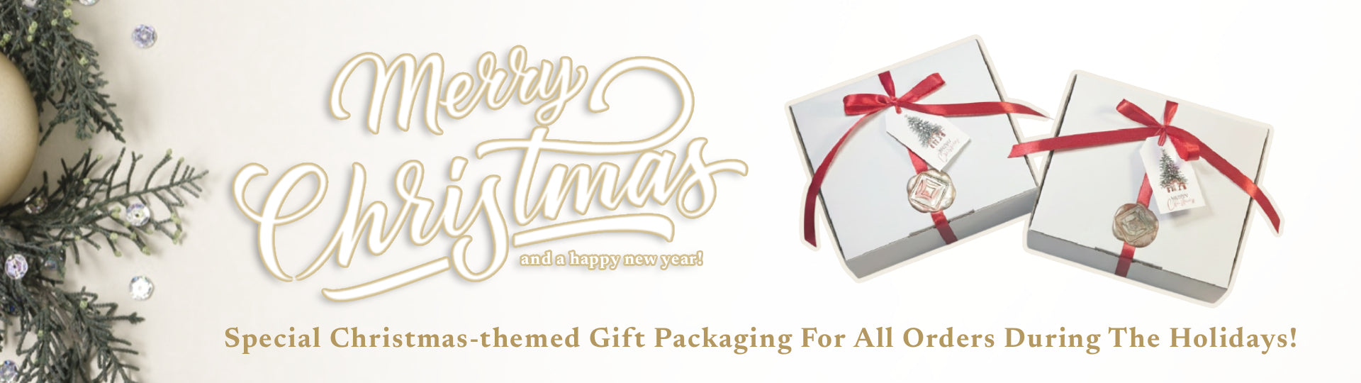 Christmas-themed gift packaging with 'Merry Christmas' text and decorative elements.