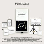 LUMENAURA jewelry packaging with white box, wax seal, polishing cloth, care guide, and affirmation card